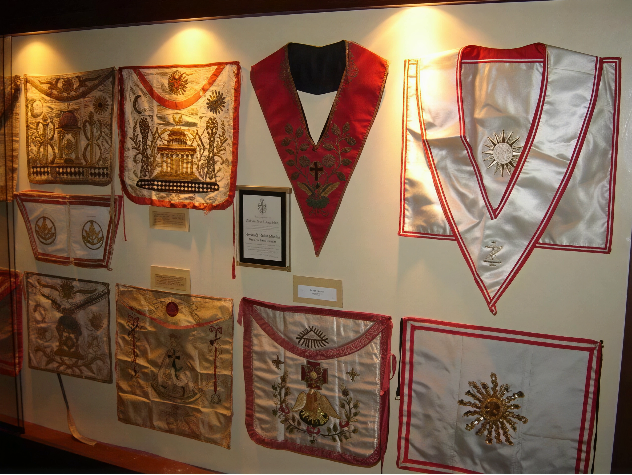 Mandiles de los múltiples grados de los Altares Capitulares y Filosóficos del R.·.E.·.A.·. y A.·. A la derecha y en primer plano, antiguos mandiles de la Gran Logia del Perú, usados por los Grandes Inspectores Regionales y Zonales.