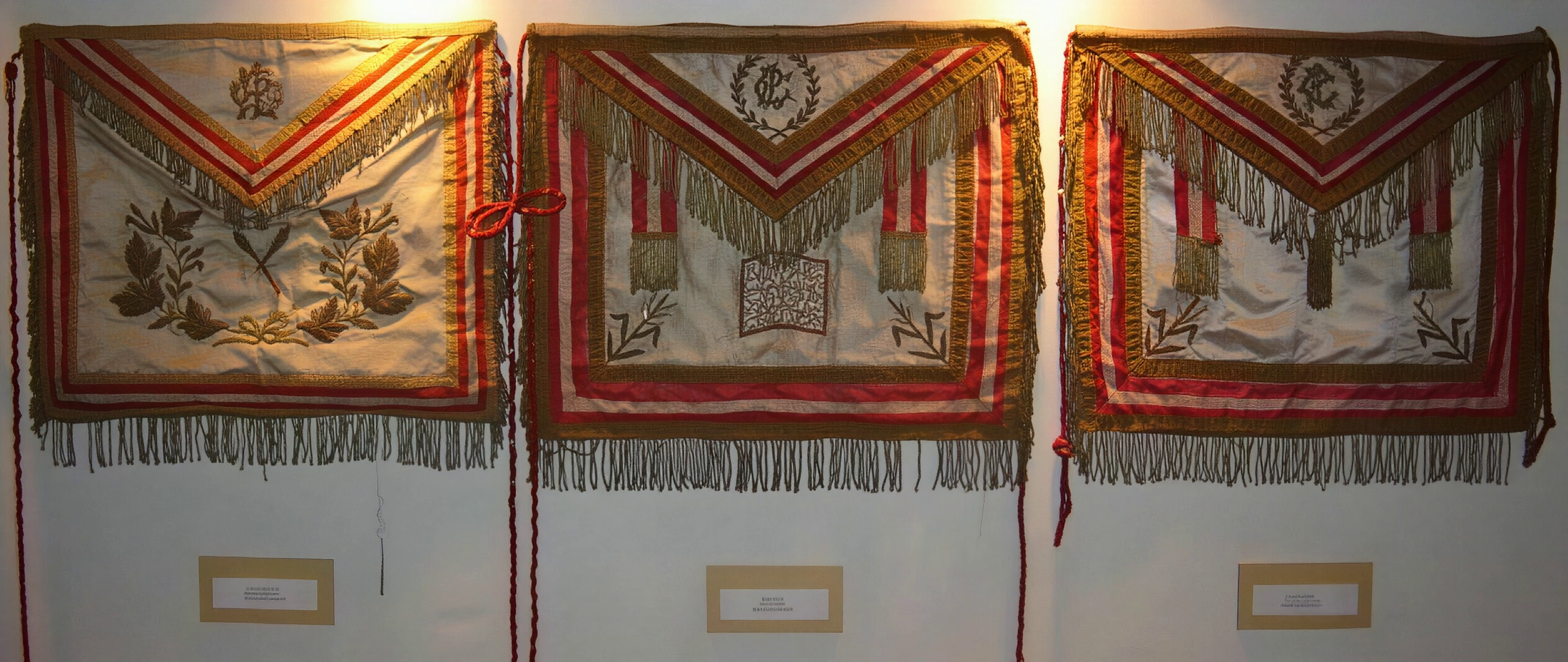 Indumentarias del Gran Maestro de la Gran Logia del Perú: el Collar corresponde a los que se viene usando desde finales del Siglo XX, los puños decorativos son de fines del Siglo IX, y el mandil pertenece a inicios del Siglo XX.