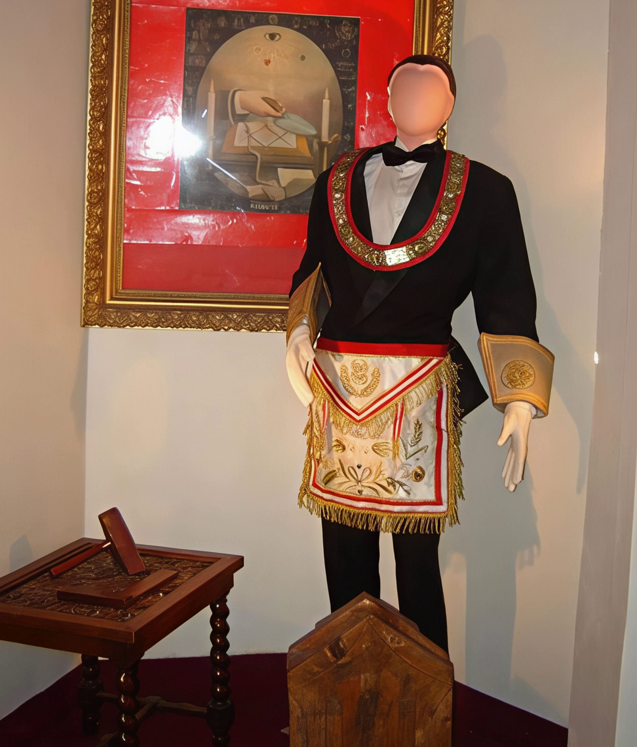 Primeros mandiles usados por el Gran Cuadro de las Grandes Dignidades y los Grandes Oficiales en la Gran Logia del Perú: a la izquierda, del Gran Director de Ceremonias; al centro, del Gran Orador; y a la derecha, del Gran Primer Vigilante.